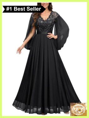 V-Neck Lace Sequin Cape Sleeve Formal Evening Gown Bridesmaid Dress